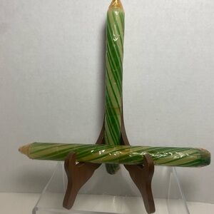 Vintage Avon, 10 inch striped taper Christmas candles, candy mint green/white